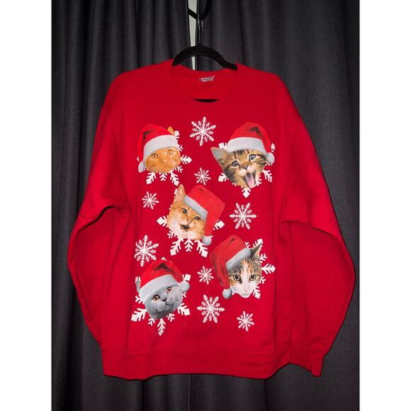 Ugly Christmas Sweater Xmas Sweatshirt Crewneck Size Large Cat - Picture 1 of 3